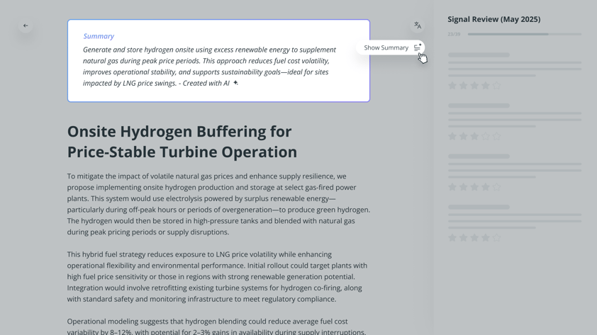 Screenshot of AI Evaluator Summary reviewing an idea to stabilize energy production costs using onsite hydrogen generation. Shows idea title, detailed description, and AI-generated insights for reducing fuel price volatility.